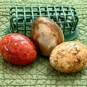 Set of 3 Alabaster Eggs, Carved in Italy, Red, Brown, Tan, Vintage Decor